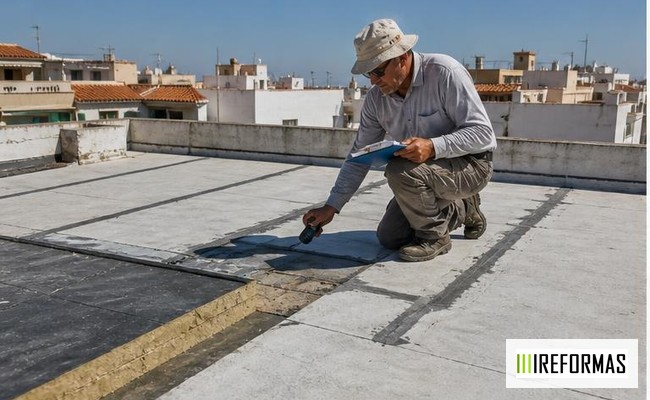 aislamiento de cubierta con técnico revisando tejado plano en edificio residencial