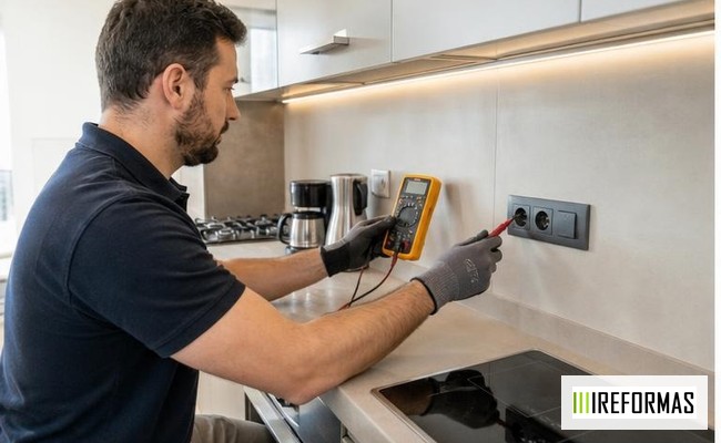 electricista comprobando enchufe nuevo en cocina reformada