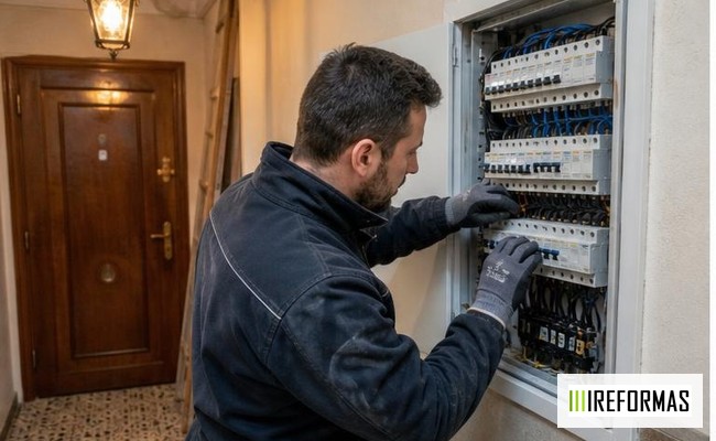 instalación eléctrica antigua con técnico revisando cuadro eléctrico de vivienda