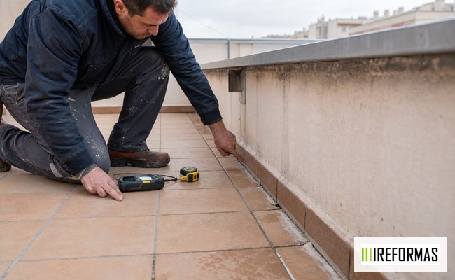 Inspección de juntas y encuentros en terraza juntas de terraza revisadas antes de lluvias con medidor de humedad y cinta métrica