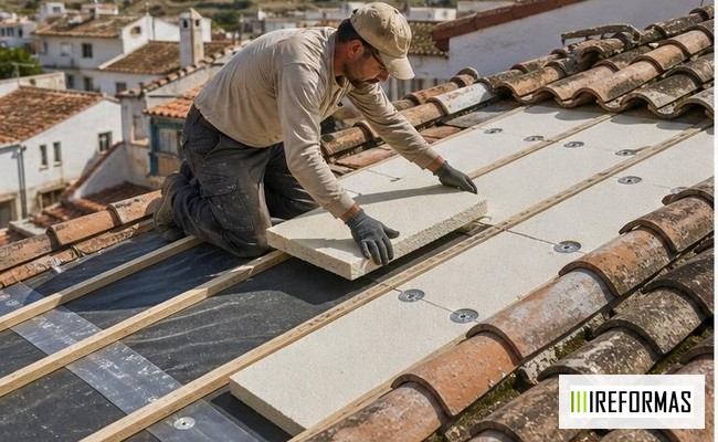 instalación de paneles aislantes bajo teja en reforma de tejado