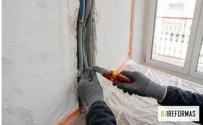 renovación de cableado eléctrico en pared durante una reforma de vivienda