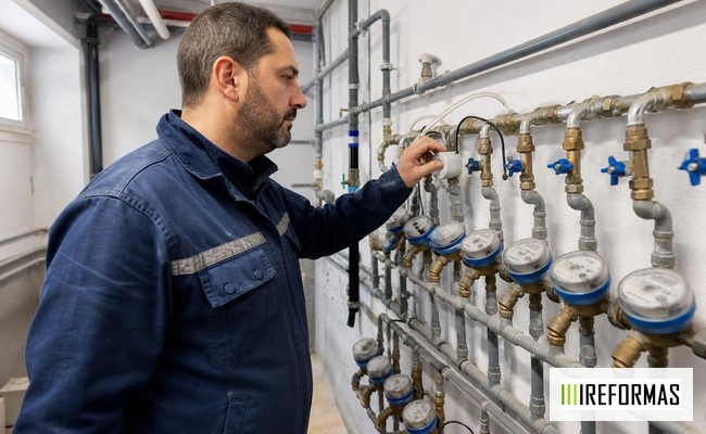 revisión del cuarto de contadores de agua en una comunidad