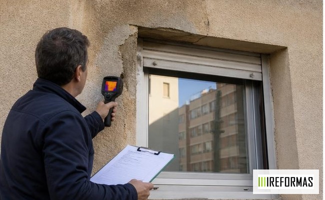 Revisión de ventanas y puentes térmicos antes de instalar SATE técnico revisando puente térmico en ventana antes de aislar fachada