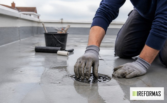 Limpieza y comprobación de sumidero en terraza sumidero de terraza limpiado para evitar filtraciones por lluvia