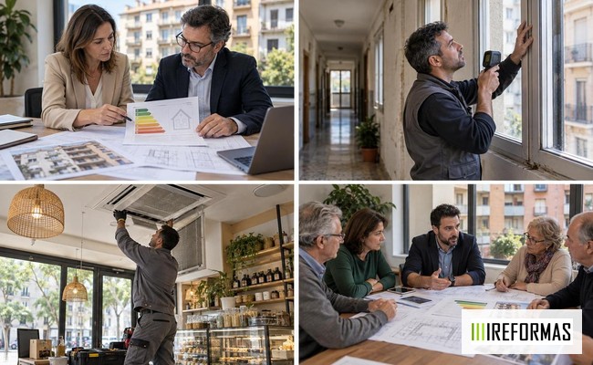 comunidad de propietarios organizando fases de reforma energética con planos y calendario