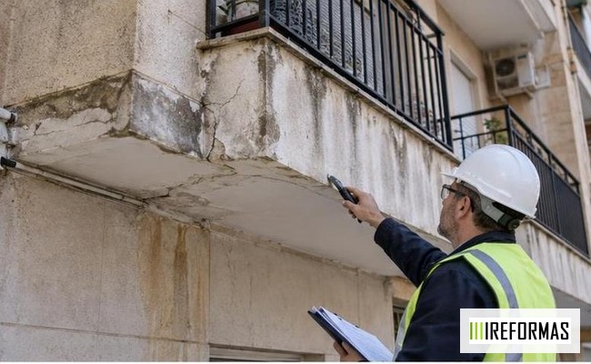 técnico inspeccionando fachada balcones y fisuras para el plan de mantenimiento del edificio