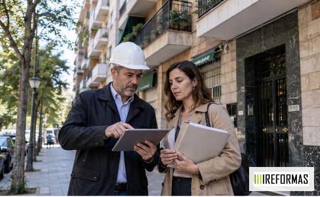 arquitecto revisando el Libro del Edificio Existente frente a una comunidad de propietarios
