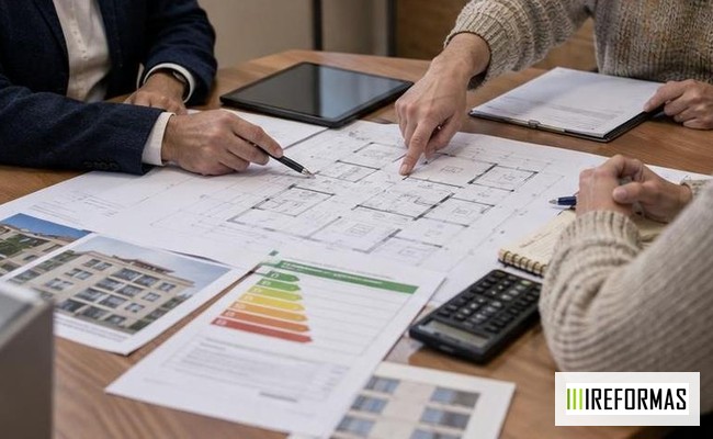 reunión de comunidad con planos informes y calendario de reformas del edificio