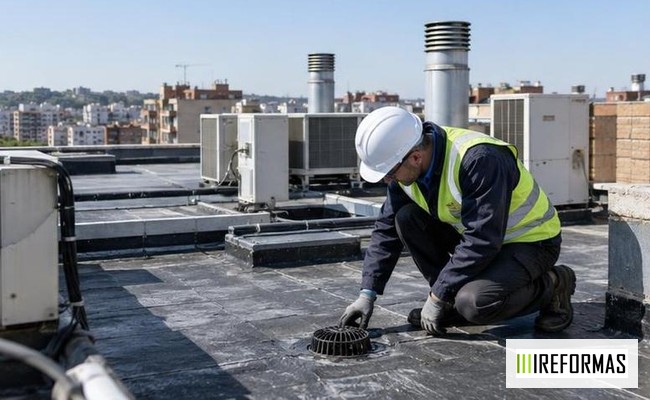 profesional revisando cubierta sumideros e instalaciones comunes de edificio residencial