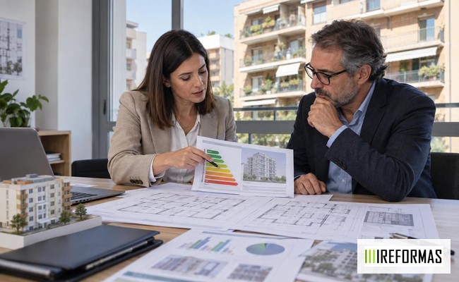 técnico revisando ventanas aislamiento y envolvente térmica en comunidad de propietarios