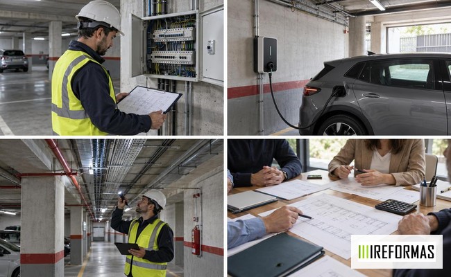 Canalizaciones eléctricas para varios puntos de recarga técnico inspeccionando bandejas y canalizaciones eléctricas en garaje comunitario