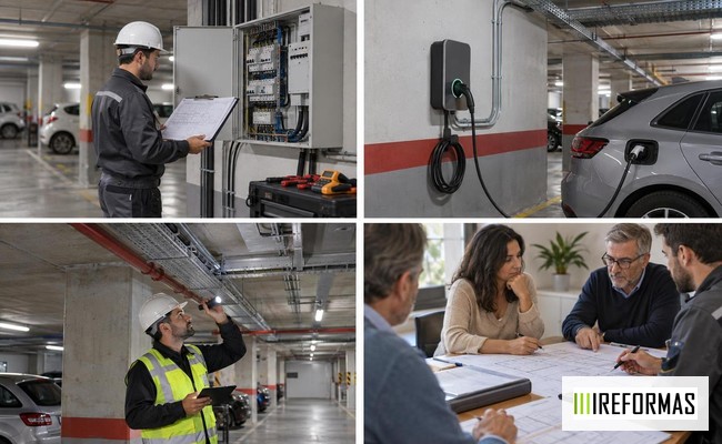 Planificación comunitaria de puntos de recarga en garaje comunidad de propietarios revisando planos del garaje y documentación eléctrica