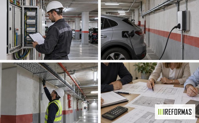 electricista revisando cuadro eléctrico para punto de recarga en garaje comunitario